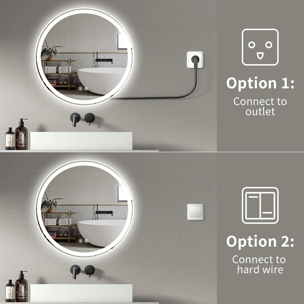 Specchio da toeletta arrotondato senza cornice, dimmerabile, antiappannamento e illuminato a LED