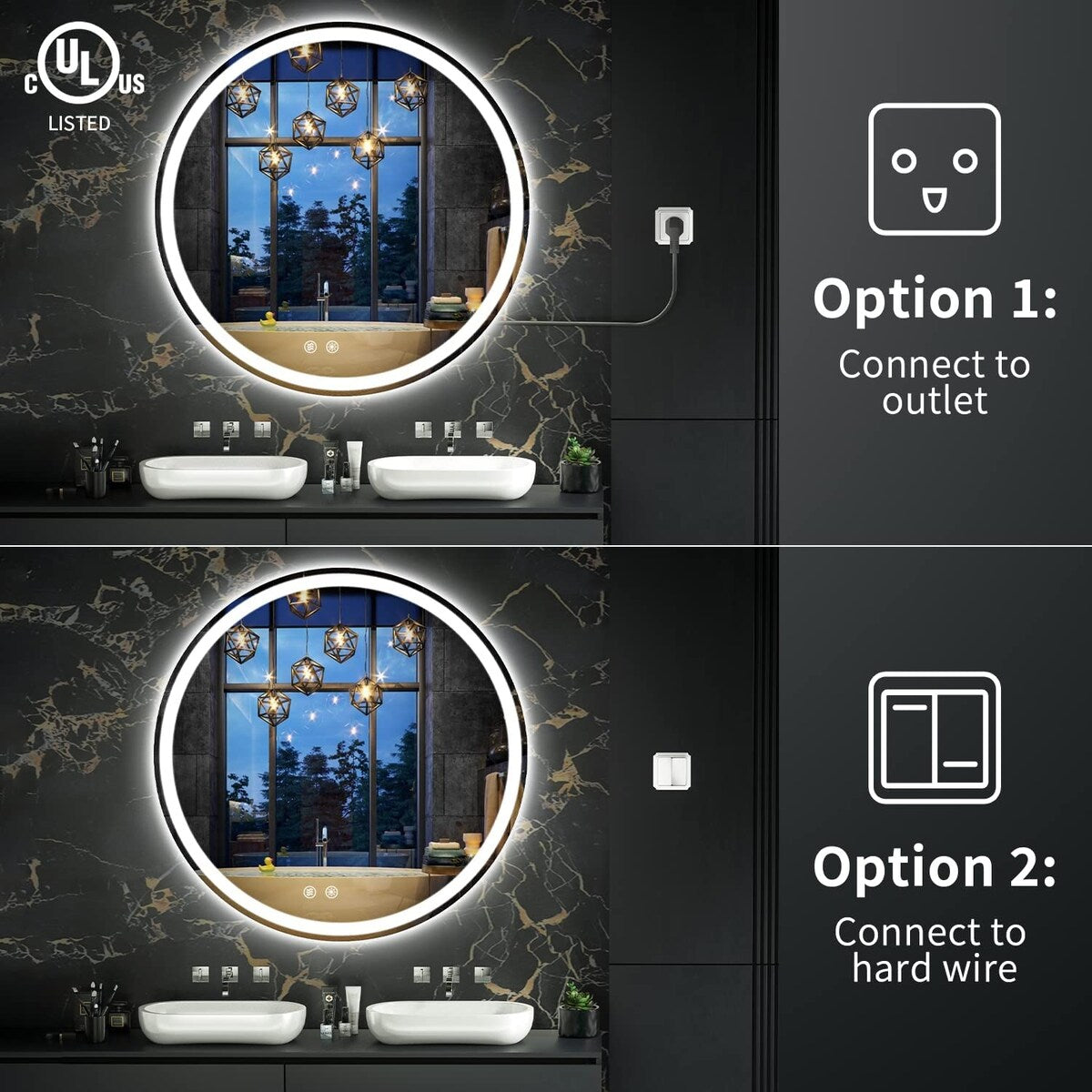 Specchio da toeletta arrotondato senza cornice, dimmerabile, antiappannamento e illuminato a LED