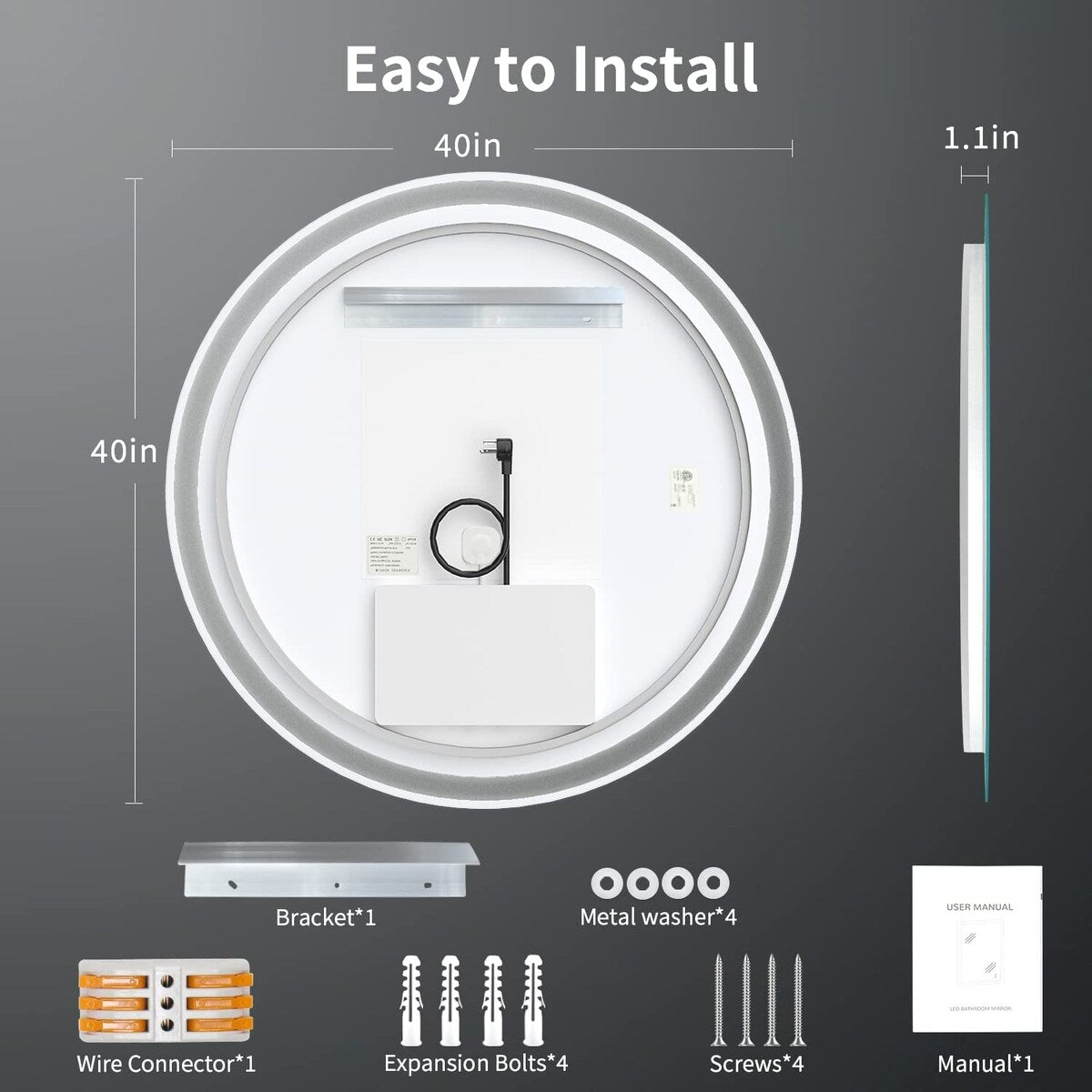 Specchio da toeletta arrotondato senza cornice, dimmerabile, antiappannamento e illuminato a LED