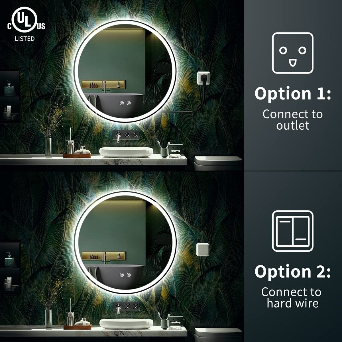 Specchio da toeletta arrotondato senza cornice, dimmerabile, antiappannamento e illuminato a LED