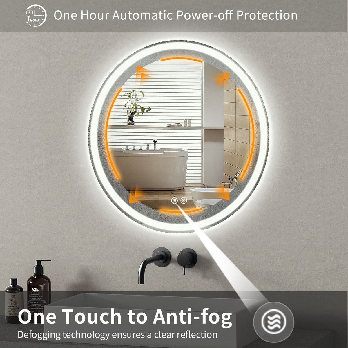 Specchio da toeletta arrotondato senza cornice, dimmerabile, antiappannamento e illuminato a LED