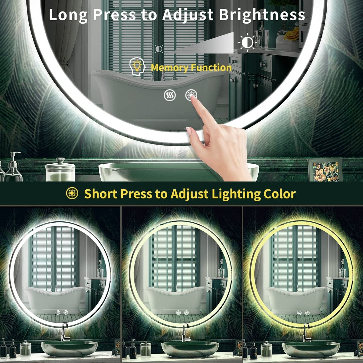 Specchio da toeletta arrotondato senza cornice, dimmerabile, antiappannamento e illuminato a LED