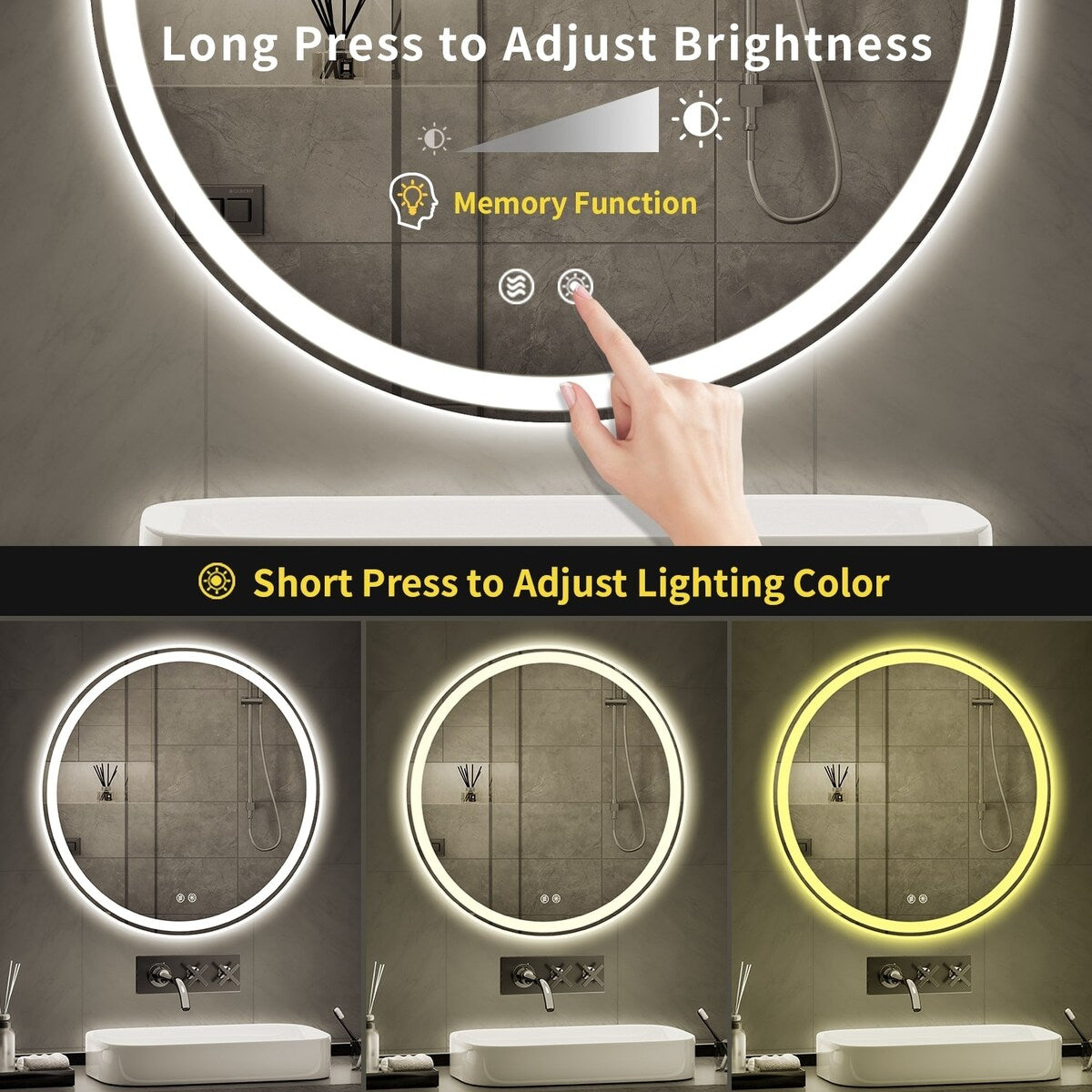 Specchio da toeletta arrotondato senza cornice, dimmerabile, antiappannamento e illuminato a LED