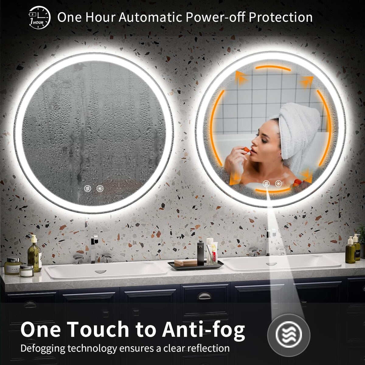 Specchio da toeletta arrotondato senza cornice, dimmerabile, antiappannamento e illuminato a LED