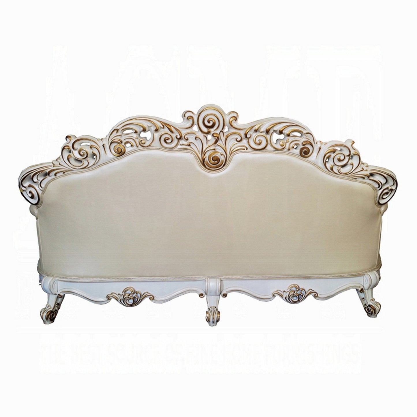 Divano Antoine, 5 cuscini, similpelle champagne, bianco perla, 96 pollici