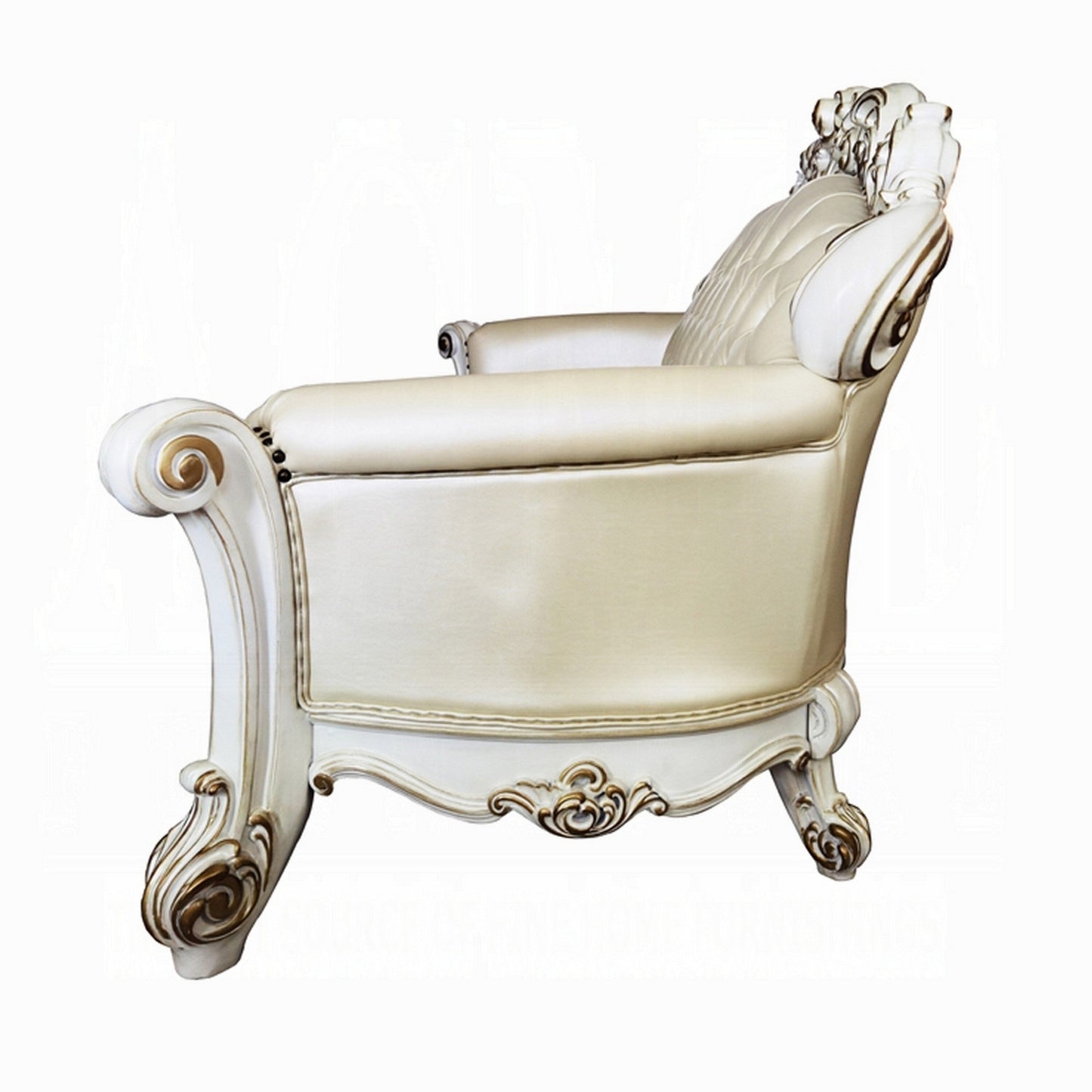 Divano Antoine, 5 cuscini, similpelle champagne, bianco perla, 96 pollici