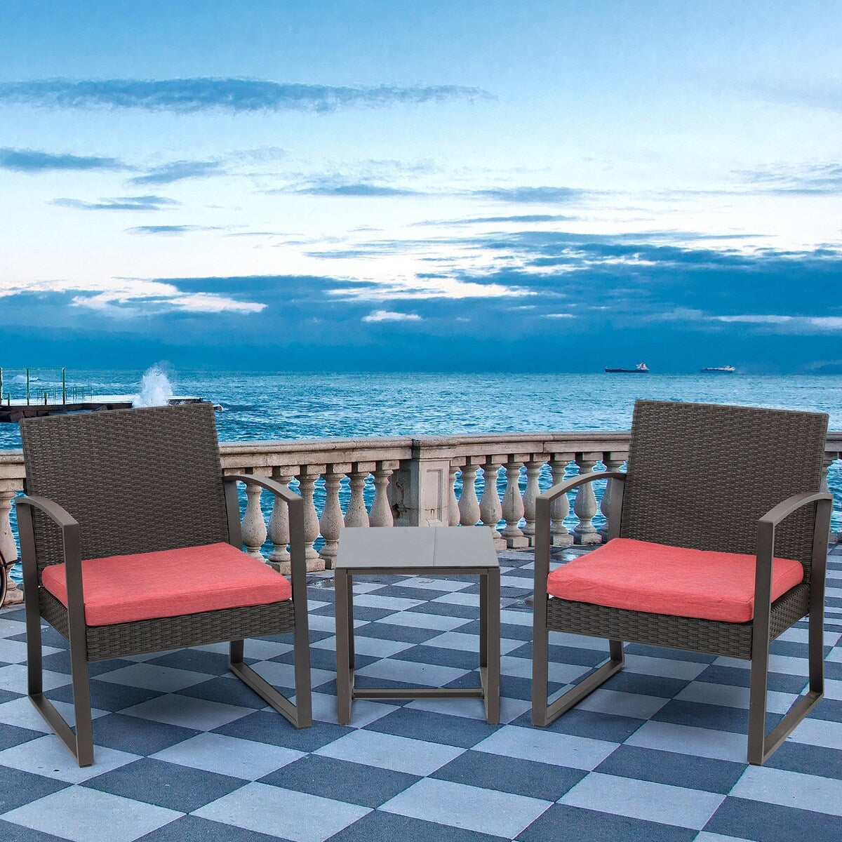 Aoodor Set di mobili da giardino da 3 pezzi - Sedie da esterno in rattan e vimini con tavolo, set di divani con cuscini inclusi - N/D