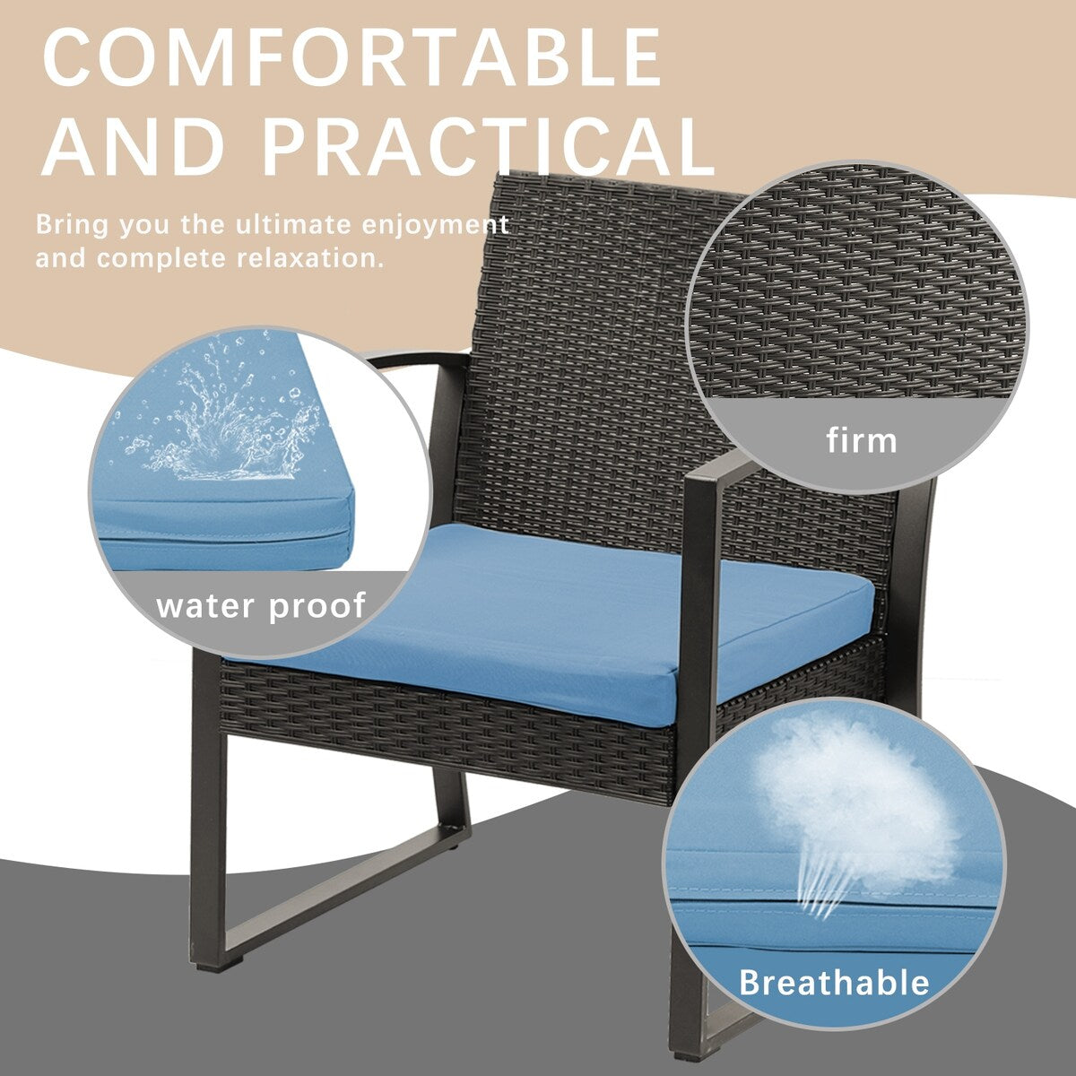 Aoodor Set di mobili da giardino da 3 pezzi - Sedie da esterno in rattan e vimini con tavolo, set di divani con cuscini inclusi - N/D