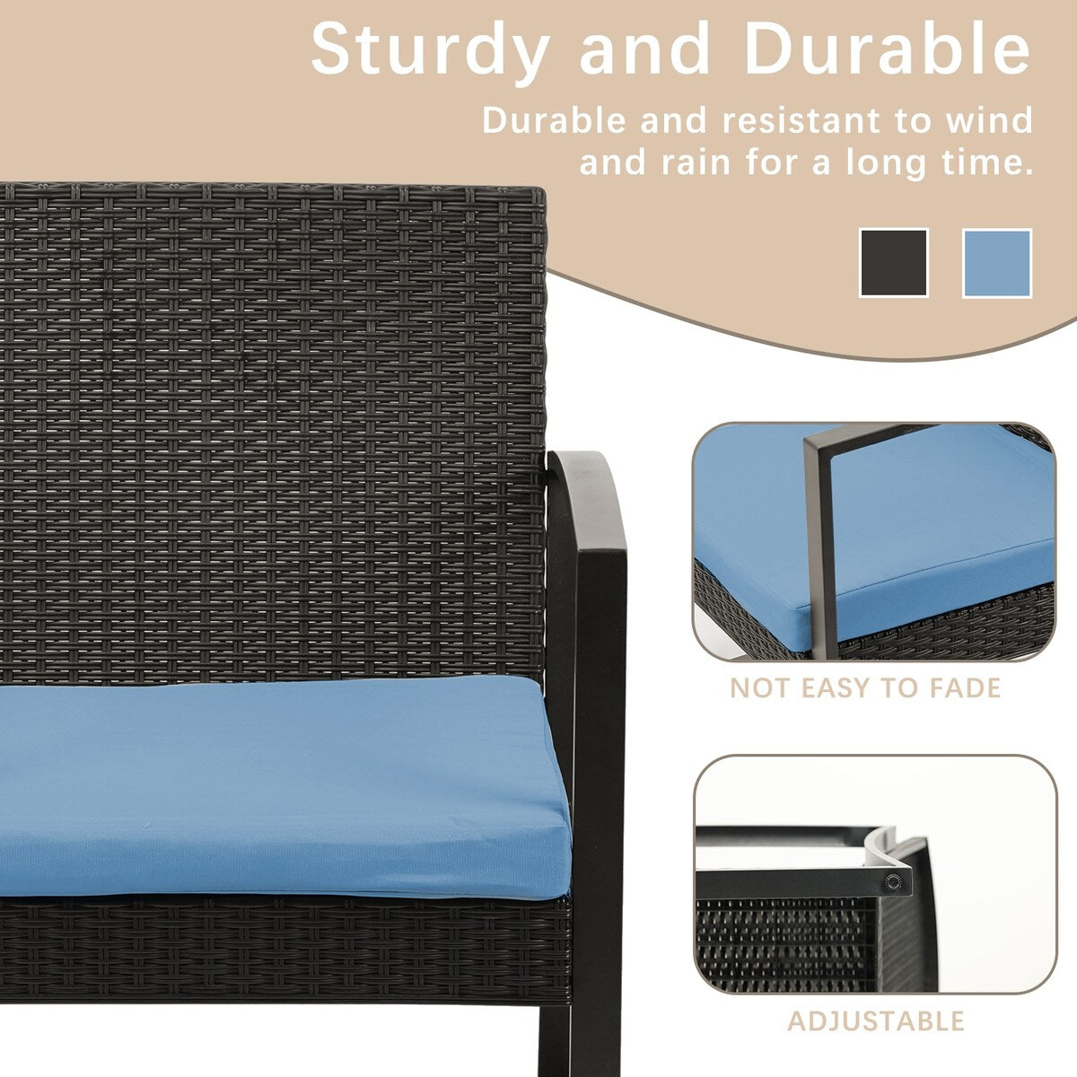 Aoodor Set di mobili da giardino da 3 pezzi - Sedie da esterno in rattan e vimini con tavolo, set di divani con cuscini inclusi - N/D