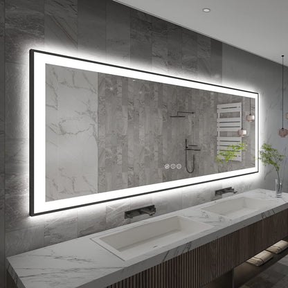 Specchio da bagno a parete con cornice in vetro temperato antiappannamento, illuminato a LED sul retro e sul davanti, di dimensioni standard