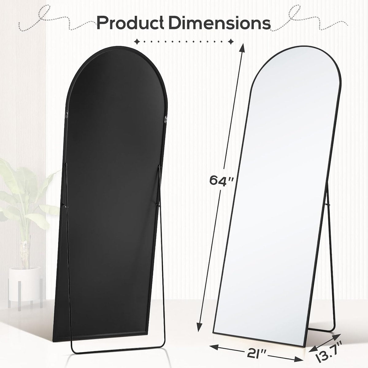 Specchio ad arco a figura intera, specchi da parete con corpo 21x64, vetro infrangibile, grande specchio ad arco alto con supporto, telaio in lega di alluminio