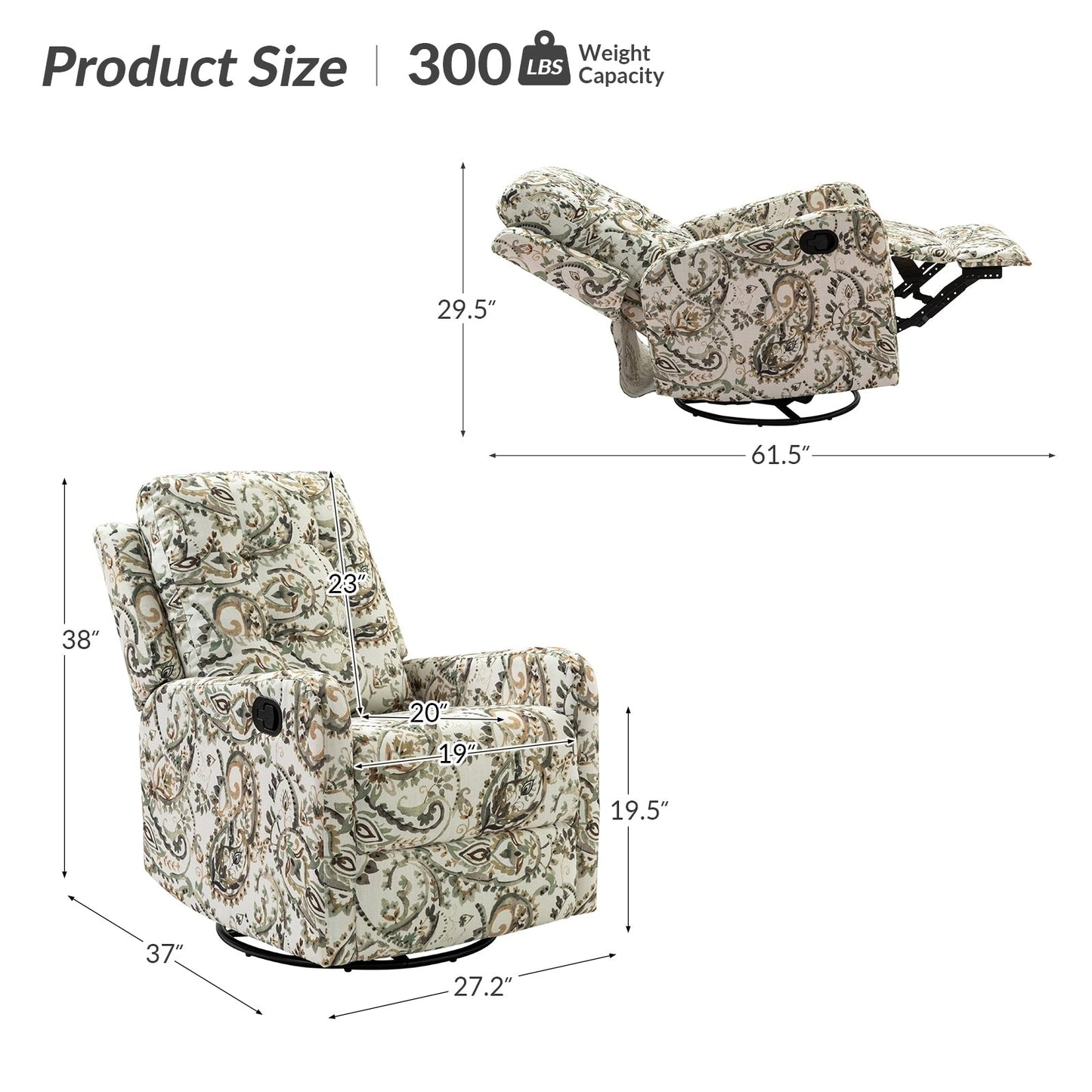 Poltrona reclinabile manuale Arlette Floral con schienale imbottito, set da 2