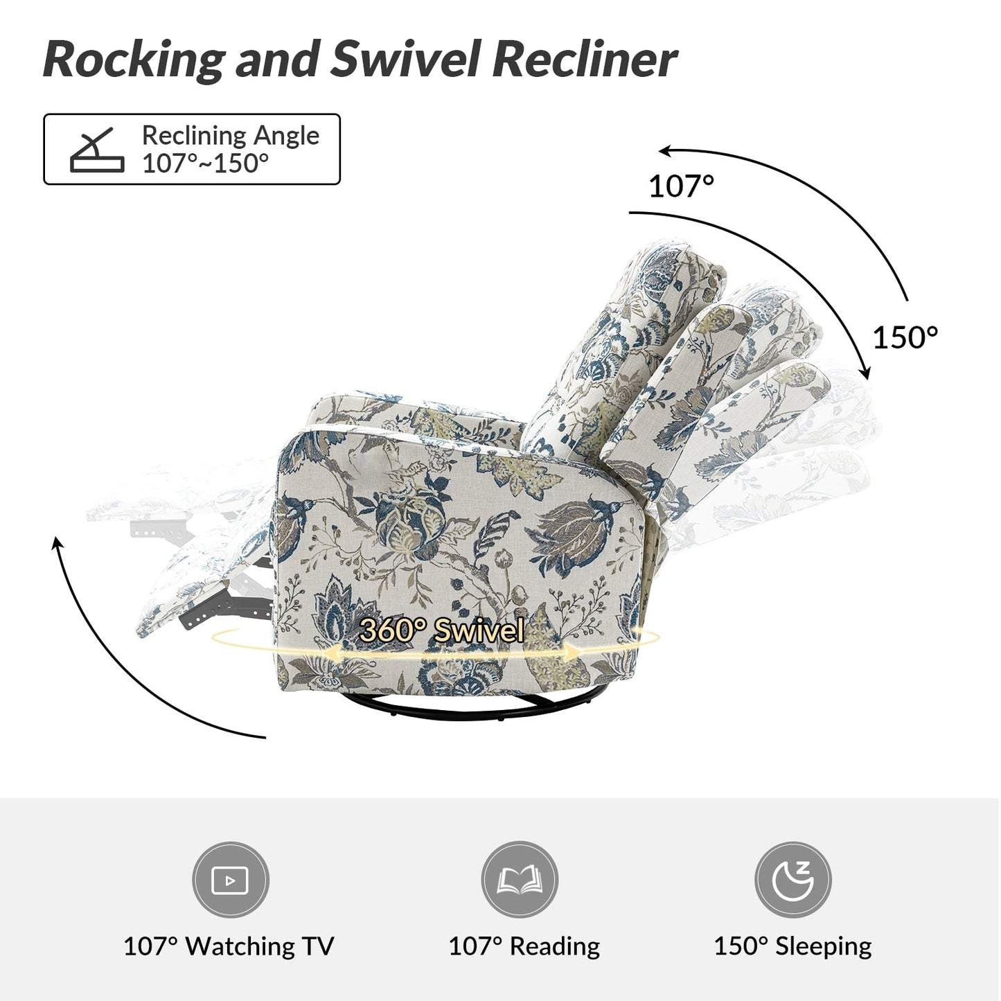 Poltrona reclinabile manuale Arlette Floral con schienale imbottito, set da 2