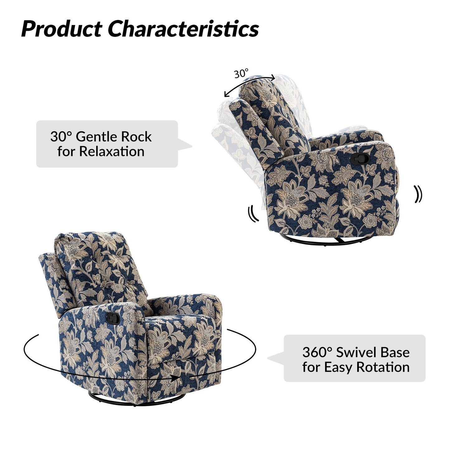 Poltrona reclinabile manuale girevole con schienale imbottito Arlette Contemporary Floral