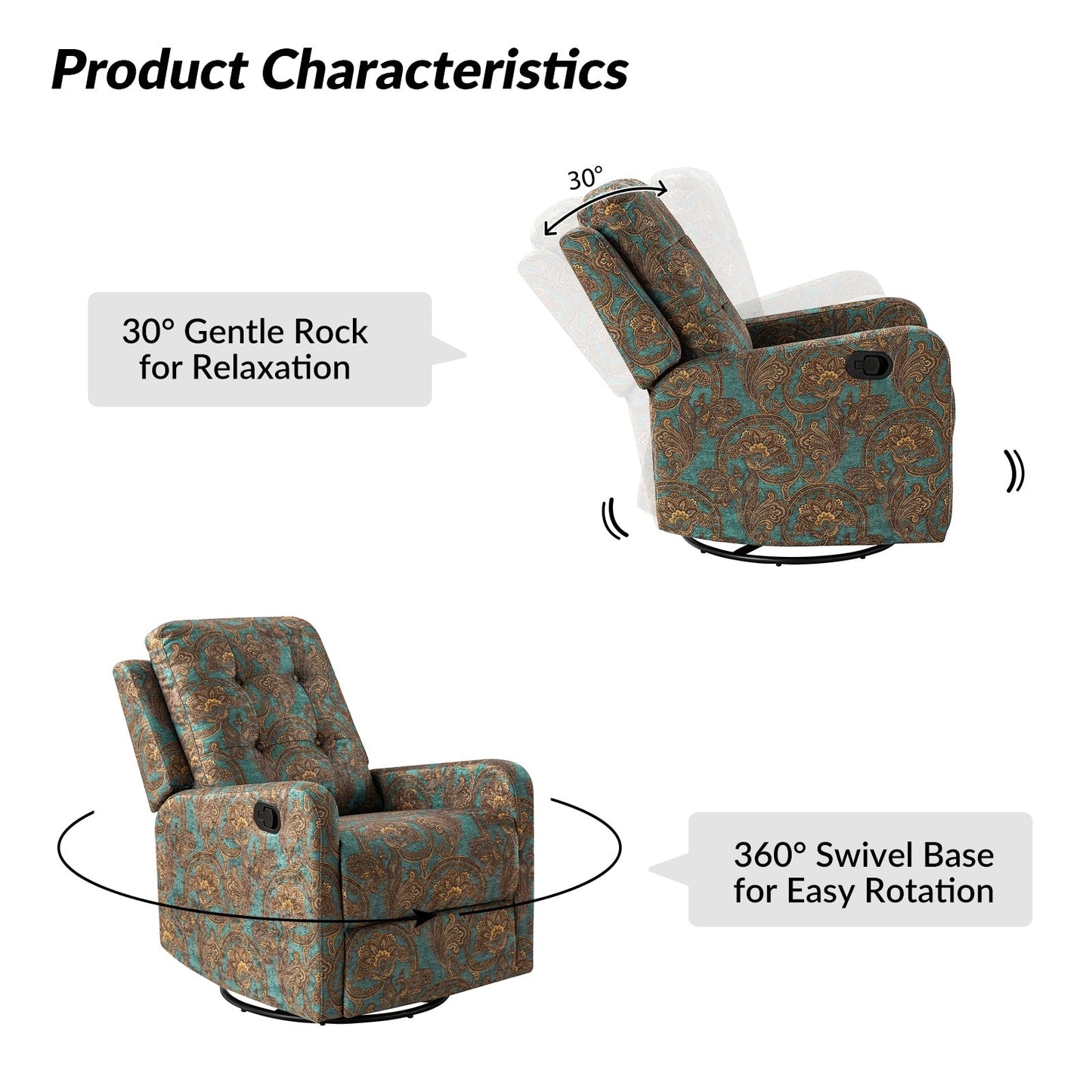 Poltrona reclinabile manuale girevole con schienale imbottito Arlette Contemporary Floral