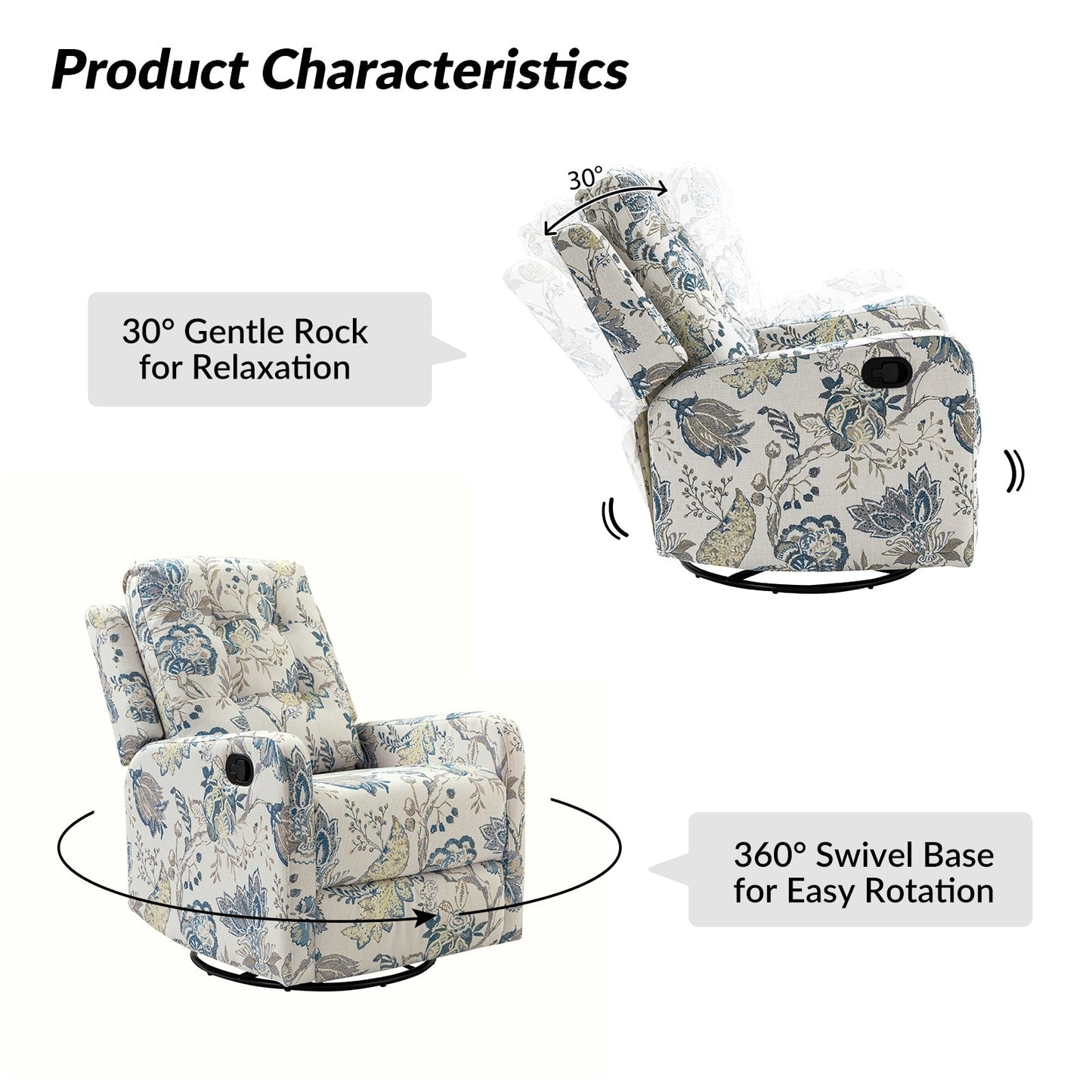 Poltrona reclinabile manuale girevole con schienale imbottito Arlette Contemporary Floral