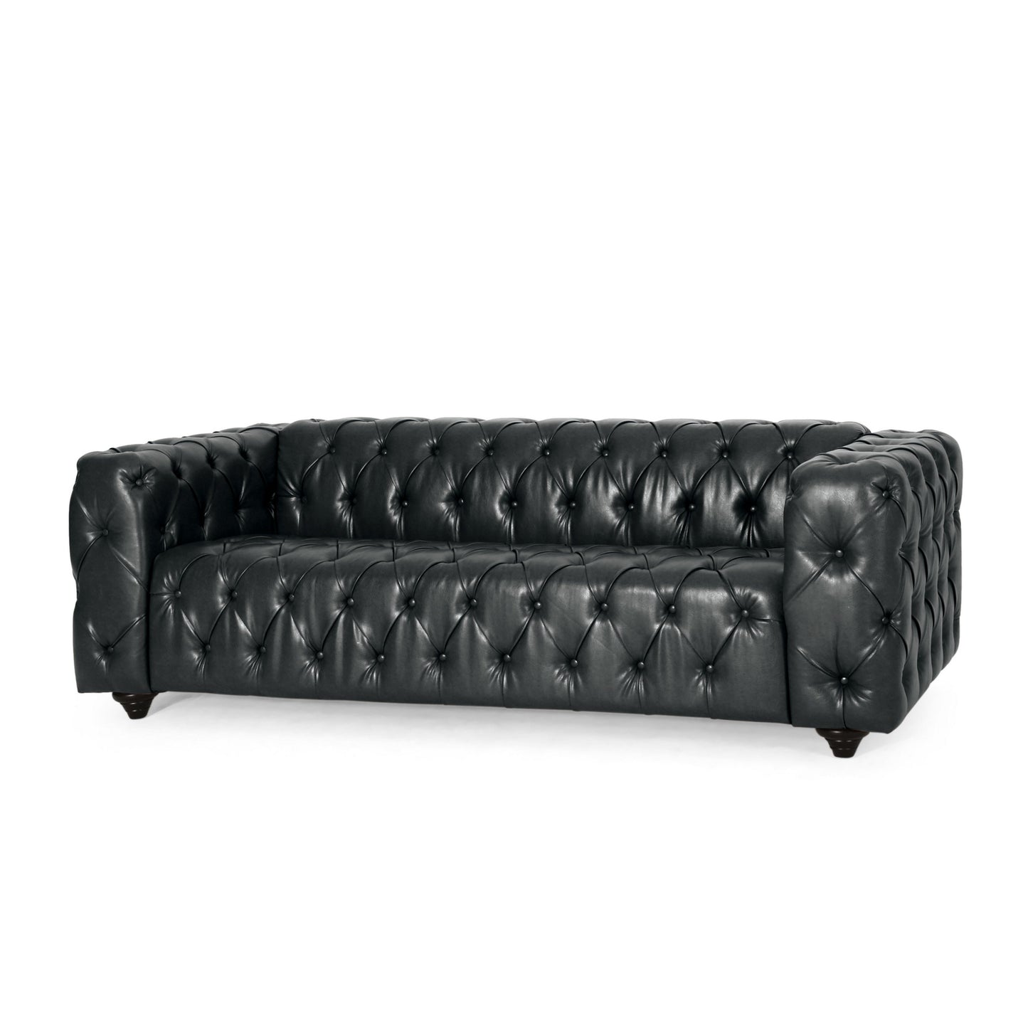 Divano Arlo, Chesterfield imbottito, rivestimento in similpelle nera, legno, 84 pollici