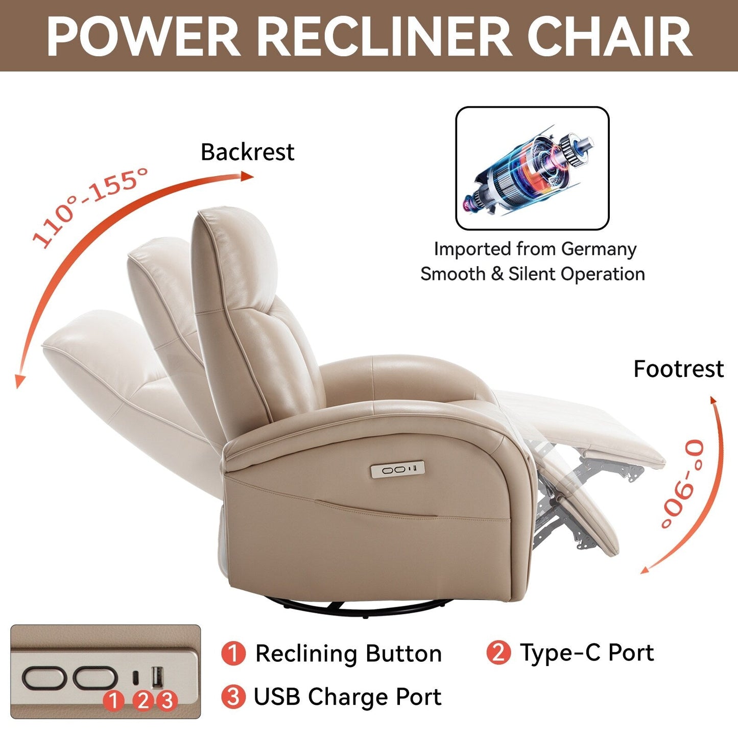 Poltrona reclinabile girevole Power Glider senza braccioli con USB e schienale alto