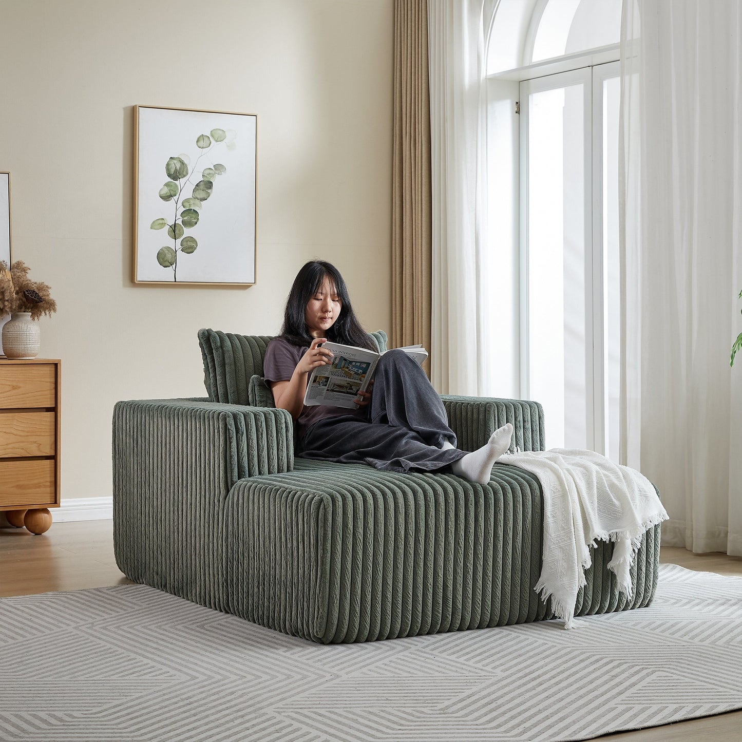 Poltrona lounge moderna in velluto a coste verde militare da 62,5 pollici con 2 cuscini per soggiorno
