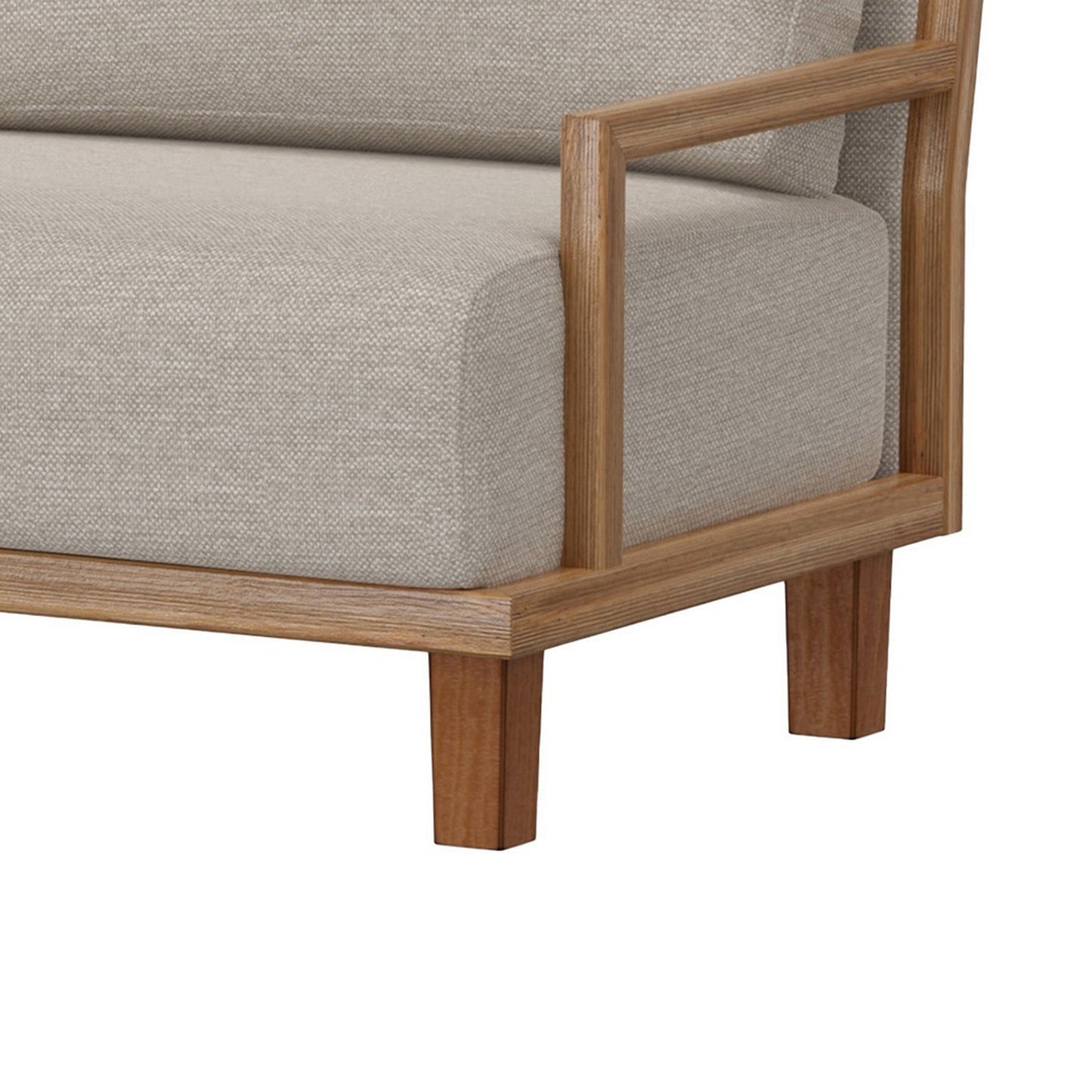 Divano Asic, poliestere beige, struttura in legno massello di pino color cammello, 69 pollici