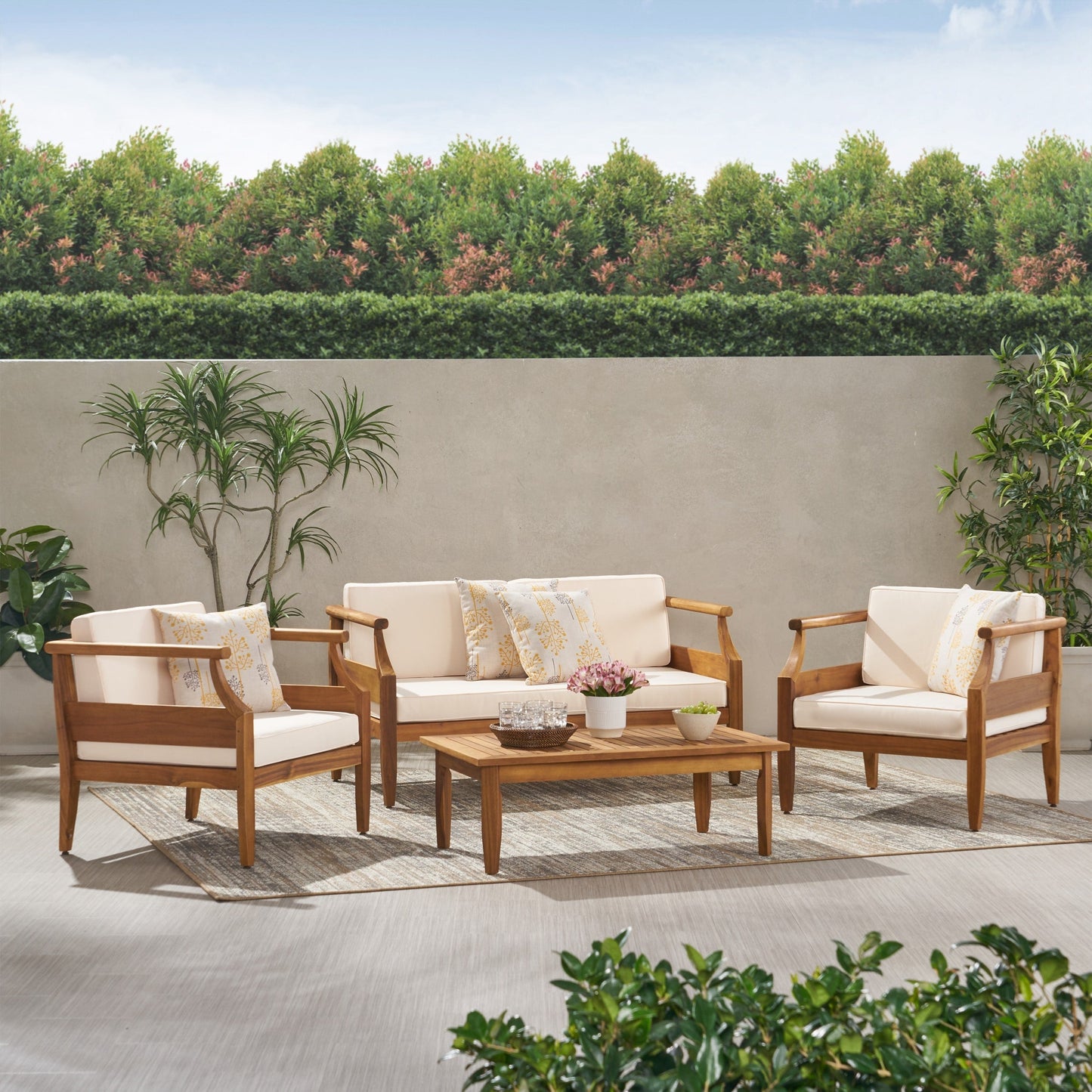 Set da salotto Aston Outdoor Mid-Century Modern in acacia con 4 posti e cuscini di Christopher Knight Home