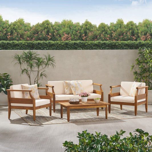 Set da salotto Aston Outdoor Mid-Century Modern in acacia con 4 posti e cuscini di Christopher Knight Home