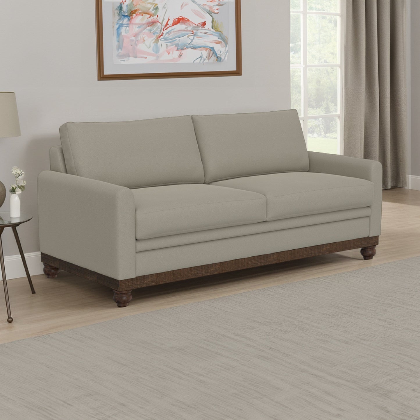 Divano Ata, poliestere grigio mandorla, 2 cuscini, legno massello marrone, 86 pollici