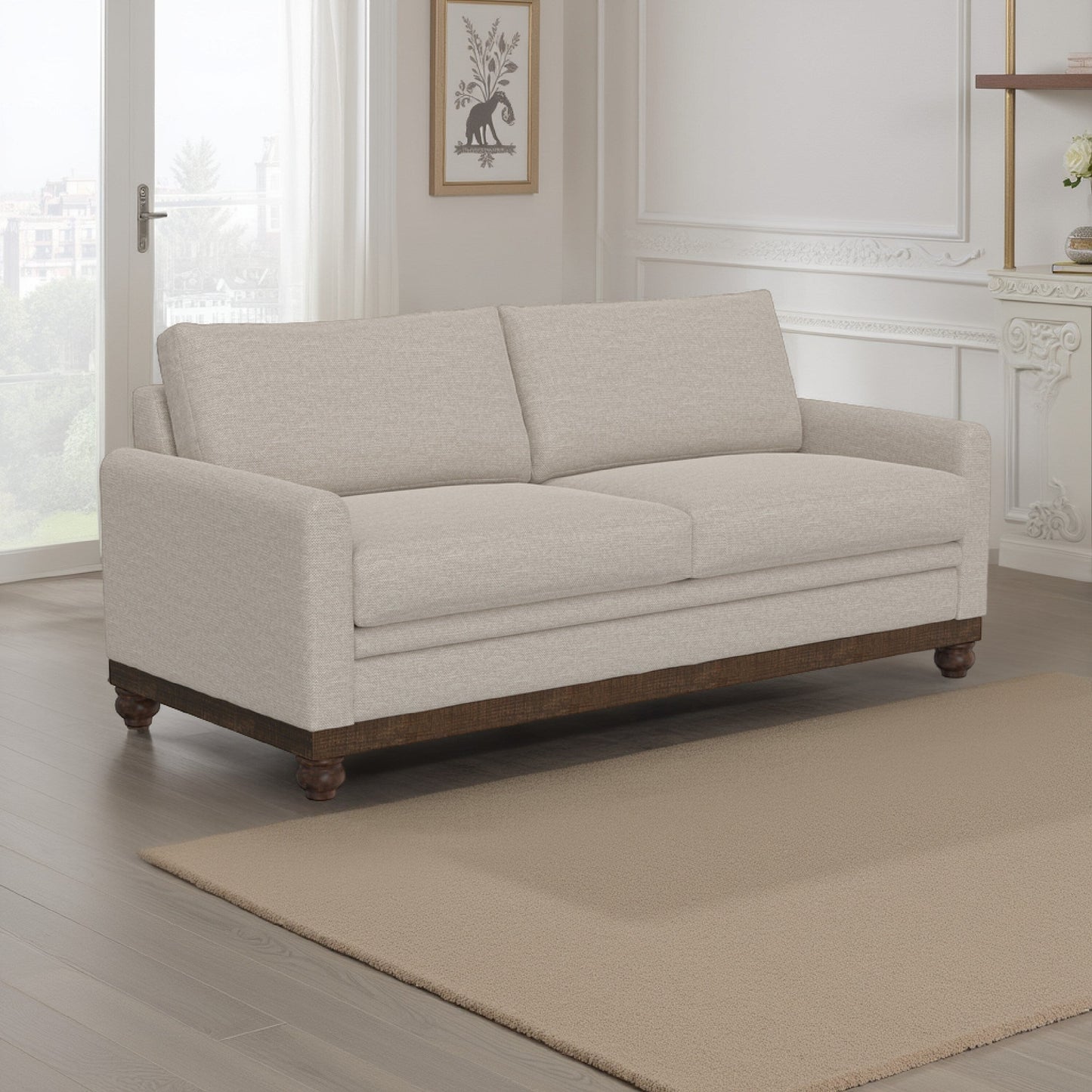 Divano Ata, poliestere beige, 2 cuscini, struttura in legno massello marrone, 86 pollici