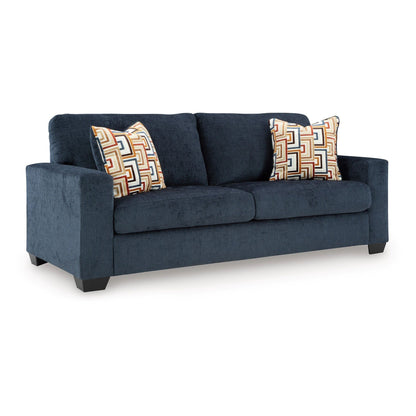 Divano letto matrimoniale Avie, 2 cuscini decorativi, poliestere blu navy, 85 pollici