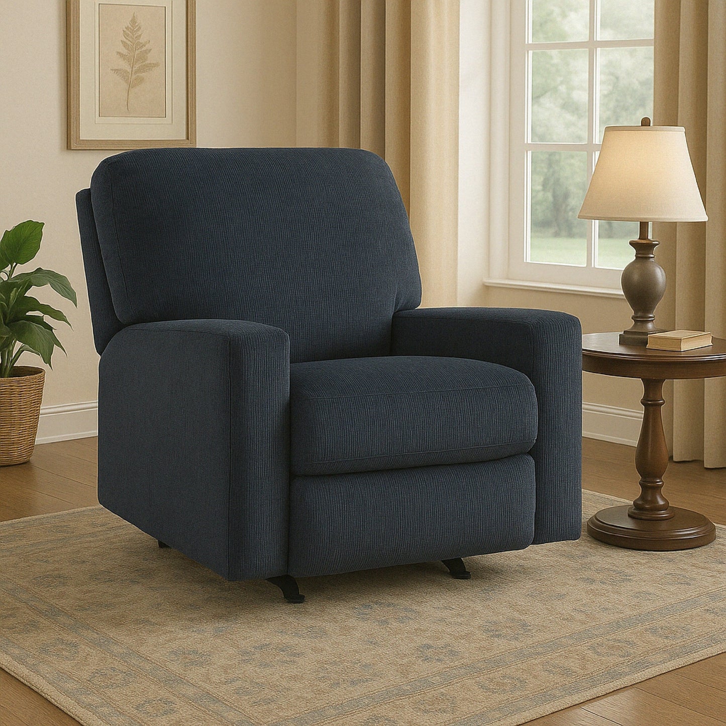 Poltrona reclinabile Avie Rocker con movimento delicato, poliestere blu navy