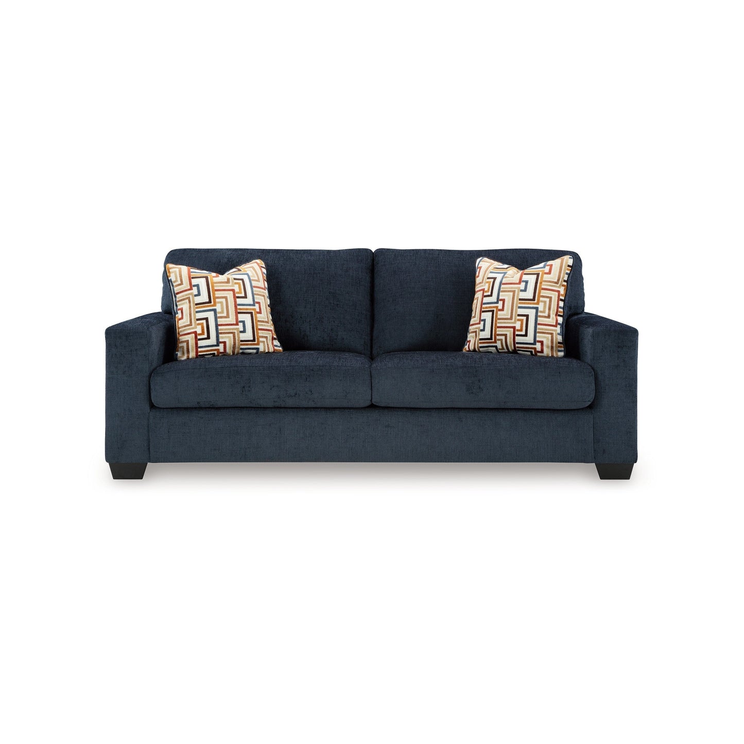 Divano Avie, 2 cuscini decorativi, 85 pollici, nero, morbido poliestere blu navy