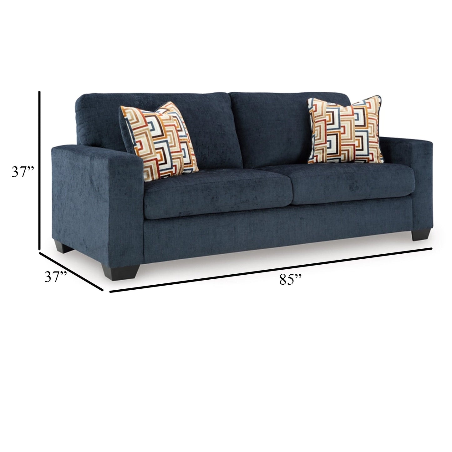 Divano Avie, 2 cuscini decorativi, 85 pollici, nero, morbido poliestere blu navy