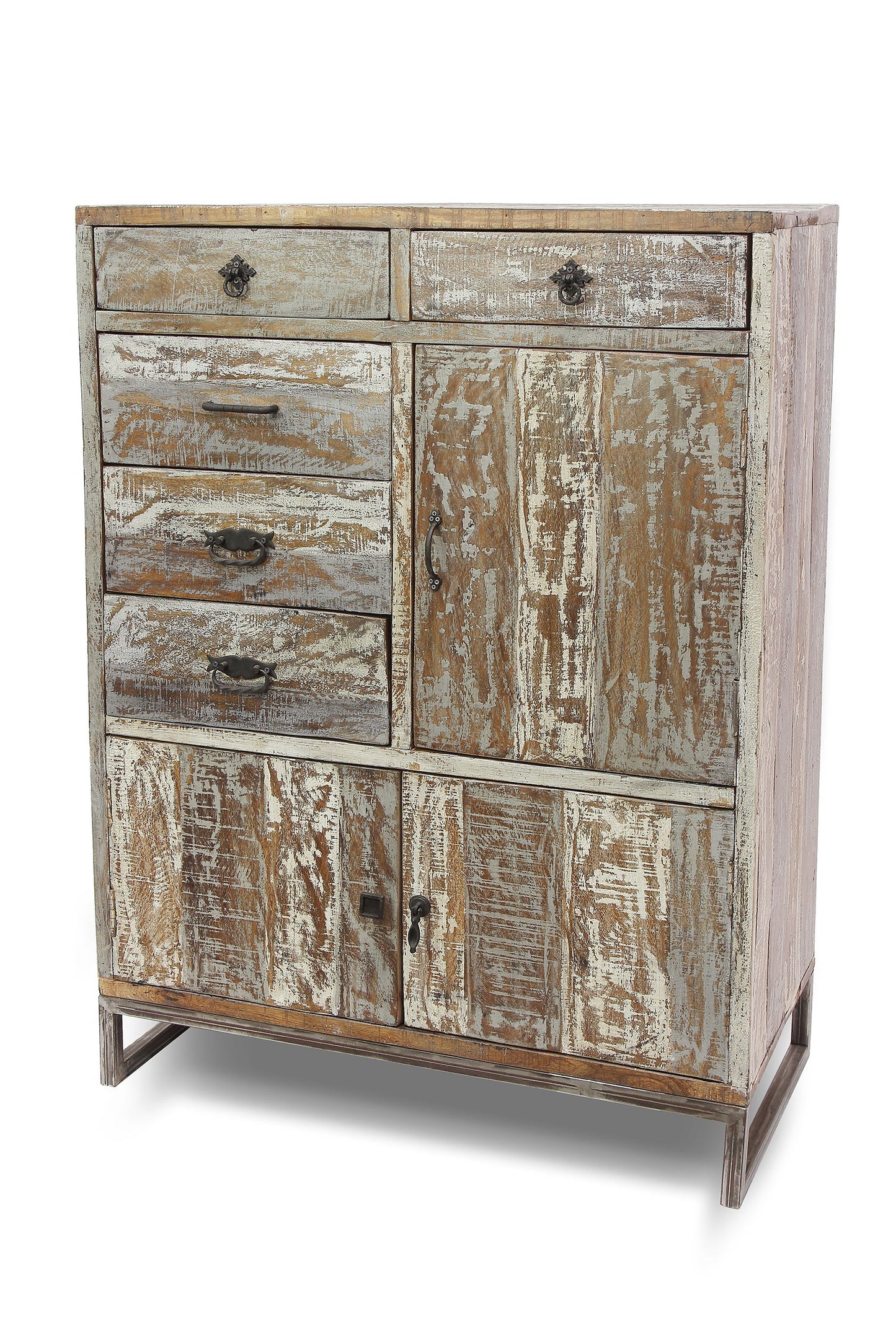 Credenza Alta 5 Cassetti E 2 Sportelli Legno Sbiancato E Metallo