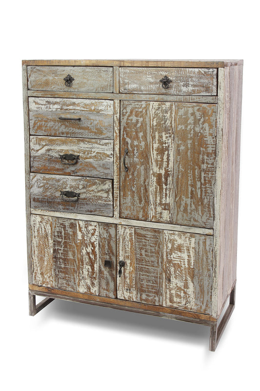 Credenza Alta 5 Cassetti E 2 Sportelli Legno Sbiancato E Metallo