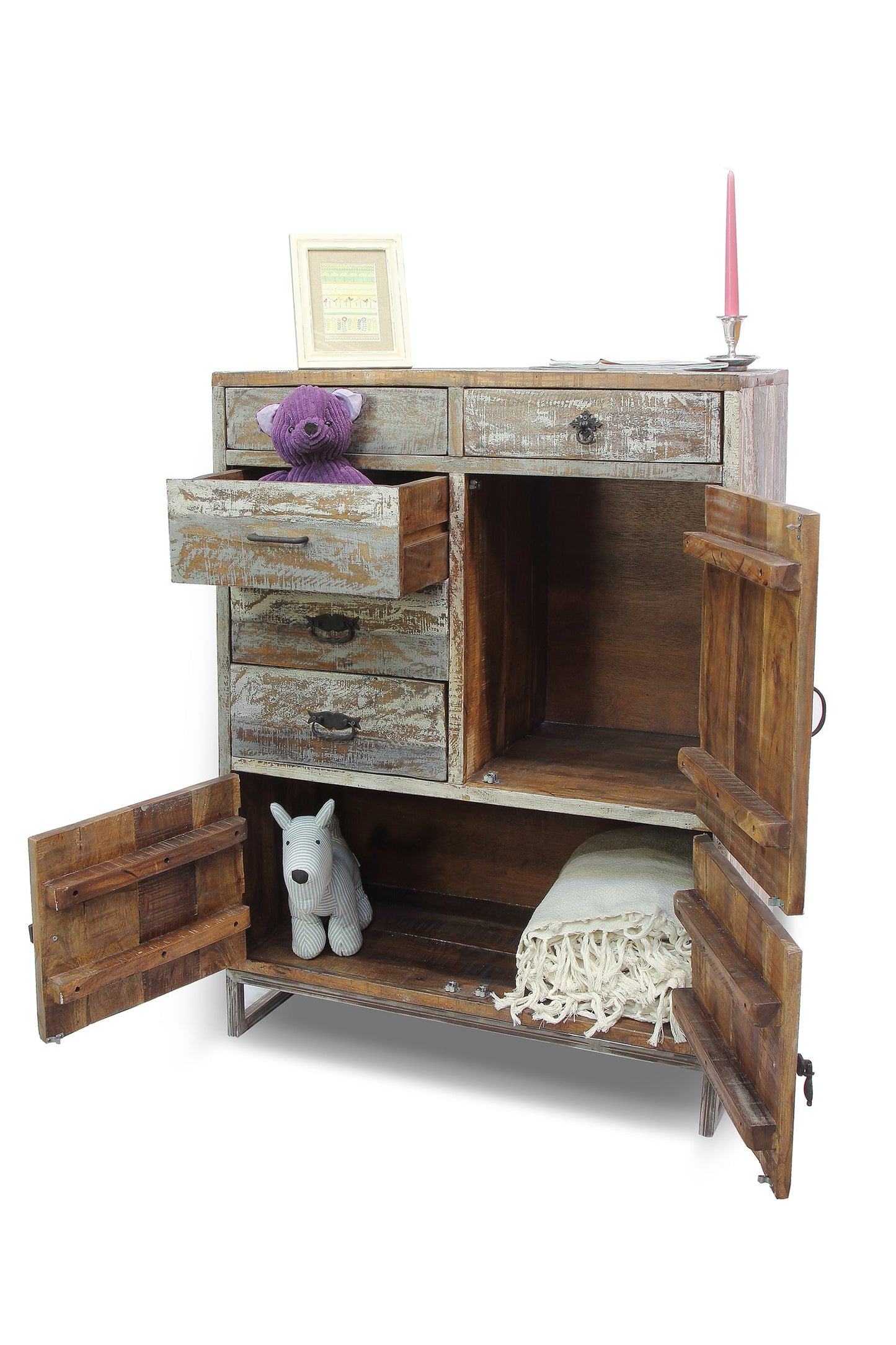 Credenza Alta 5 Cassetti E 2 Sportelli Legno Sbiancato E Metallo