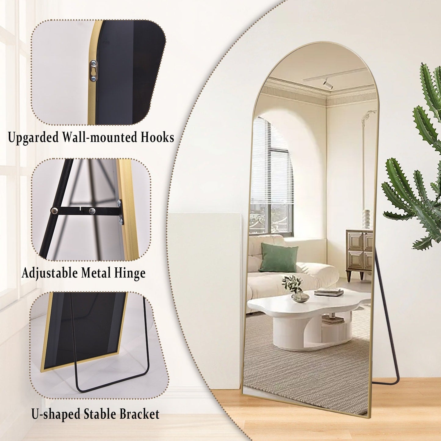 Specchio a figura intera ad arco in metallo, specchio da terra, specchio da parete