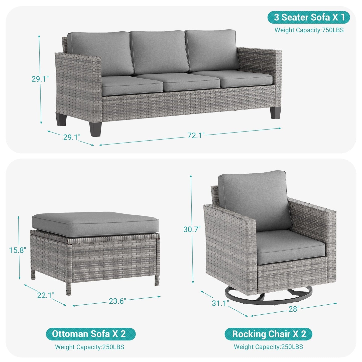 BONOSUKI 5 pezzi set di mobili da giardino girevoli e dondolo in rattan grigio