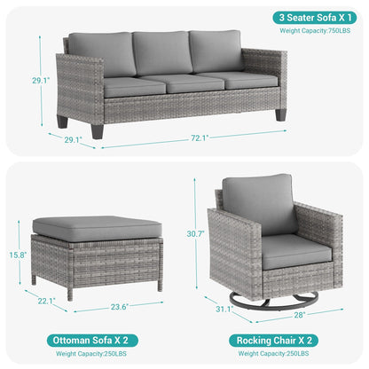 BONOSUKI 5 pezzi set di mobili da giardino girevoli e dondolo in rattan grigio