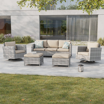 BONOSUKI 5 pezzi set di mobili da giardino girevoli e dondolo in rattan grigio