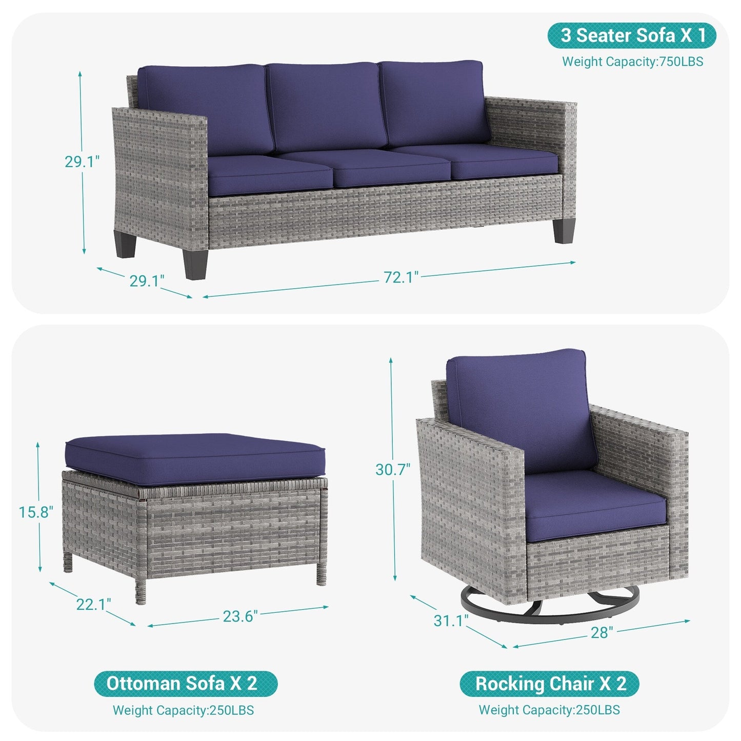 BONOSUKI 5 pezzi set di mobili da giardino girevoli e dondolo in rattan grigio