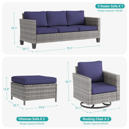 BONOSUKI 5 pezzi set di mobili da giardino girevoli e dondolo in rattan grigio