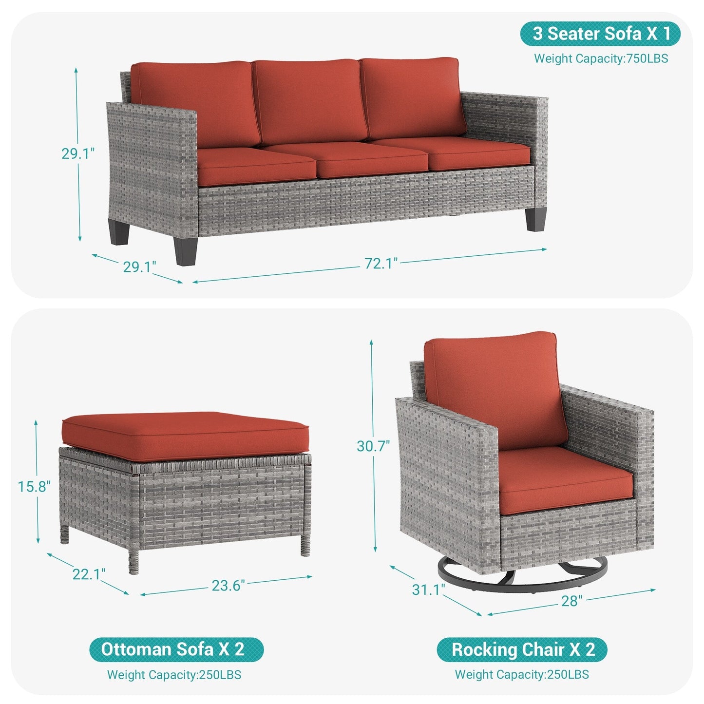 BONOSUKI 5 pezzi set di mobili da giardino girevoli e dondolo in rattan grigio