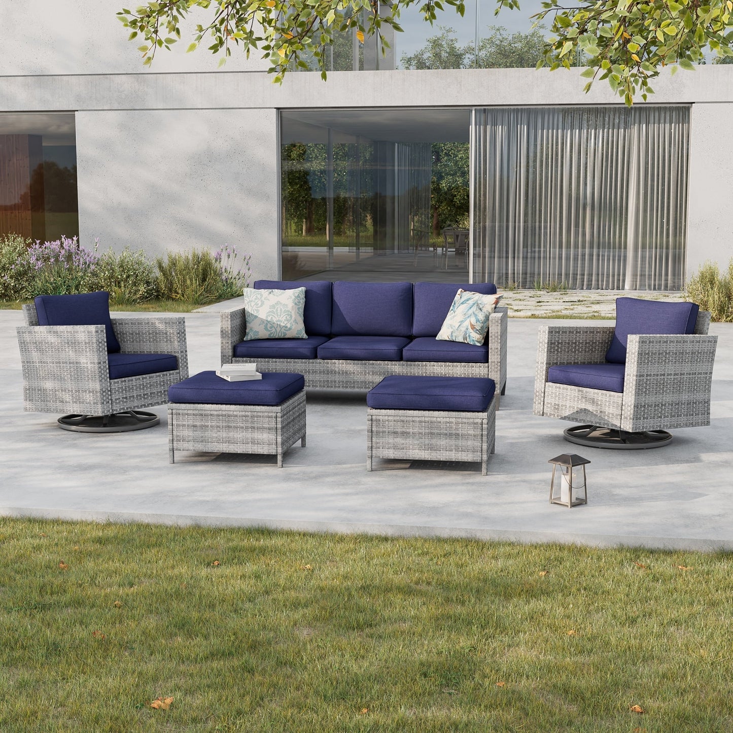 BONOSUKI 5 pezzi set di mobili da giardino girevoli e dondolo in rattan grigio