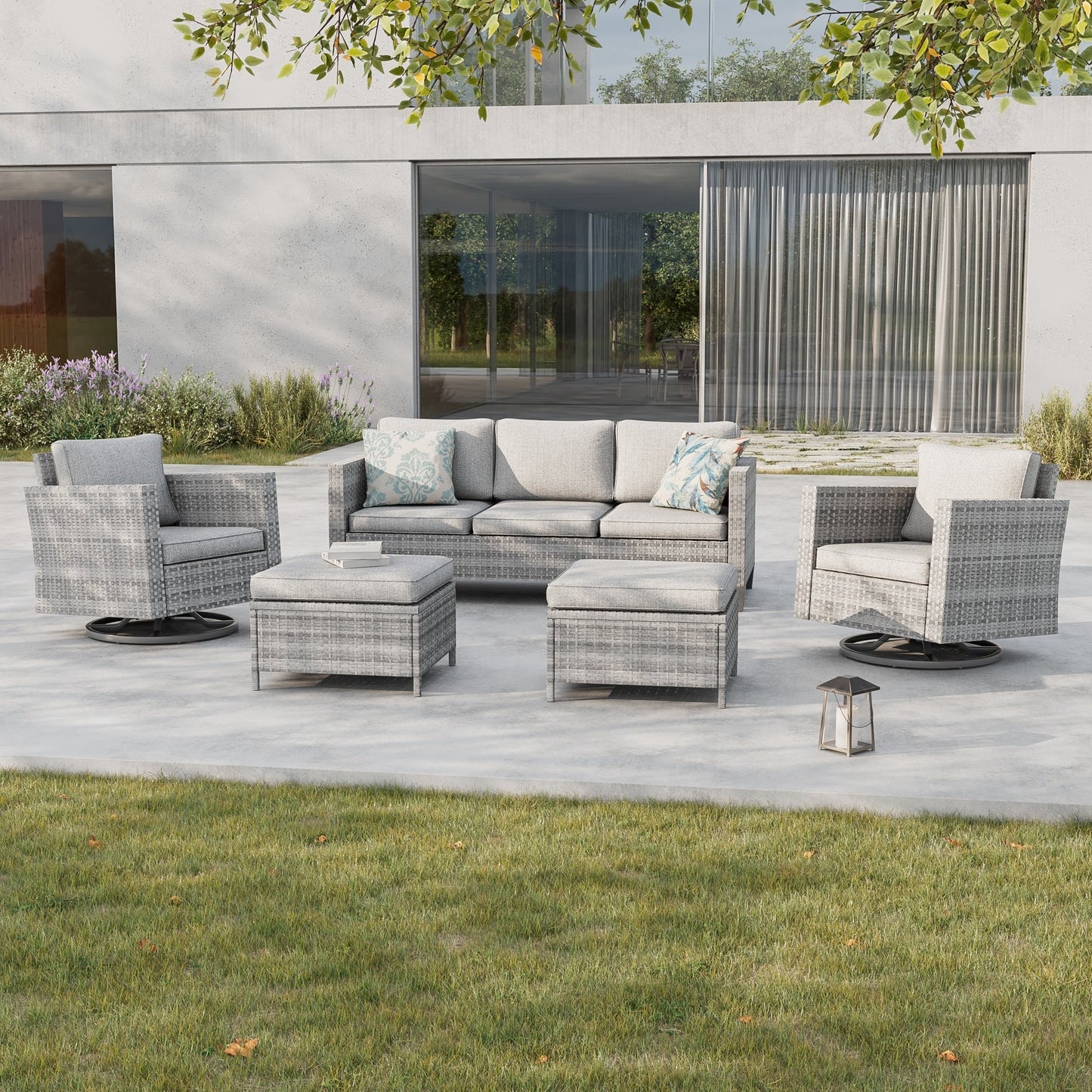 BONOSUKI 5 pezzi set di mobili da giardino girevoli e dondolo in rattan grigio