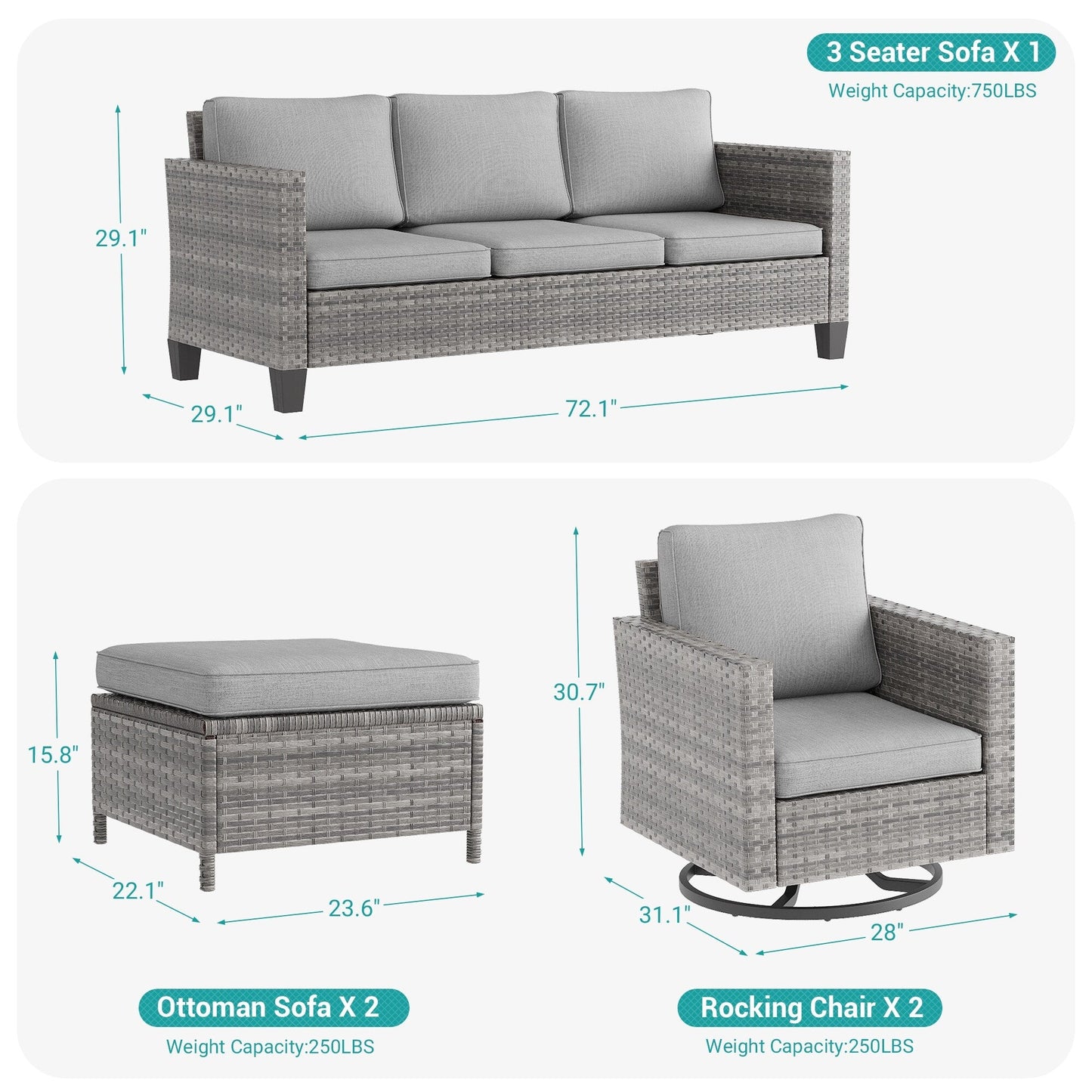 BONOSUKI 5 pezzi set di mobili da giardino girevoli e dondolo in rattan grigio