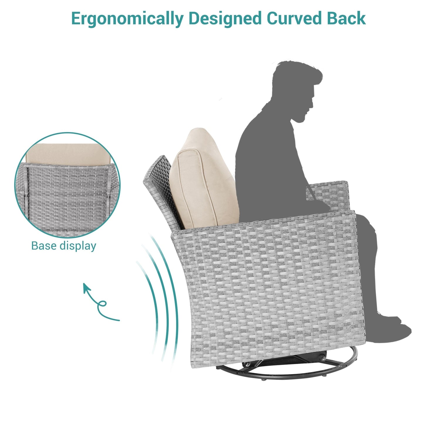 BONOSUKI Set di divani a dondolo girevoli da giardino da 6 pezzi in rattan grigio con tavolino laterale