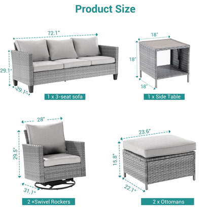 BONOSUKI Set di divani a dondolo girevoli da giardino da 6 pezzi in rattan grigio con tavolino laterale