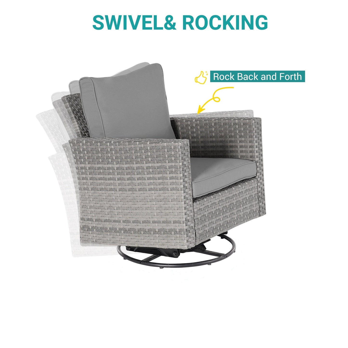 BONOSUKI Set di divani a dondolo girevoli da giardino da 6 pezzi in rattan grigio con tavolino laterale