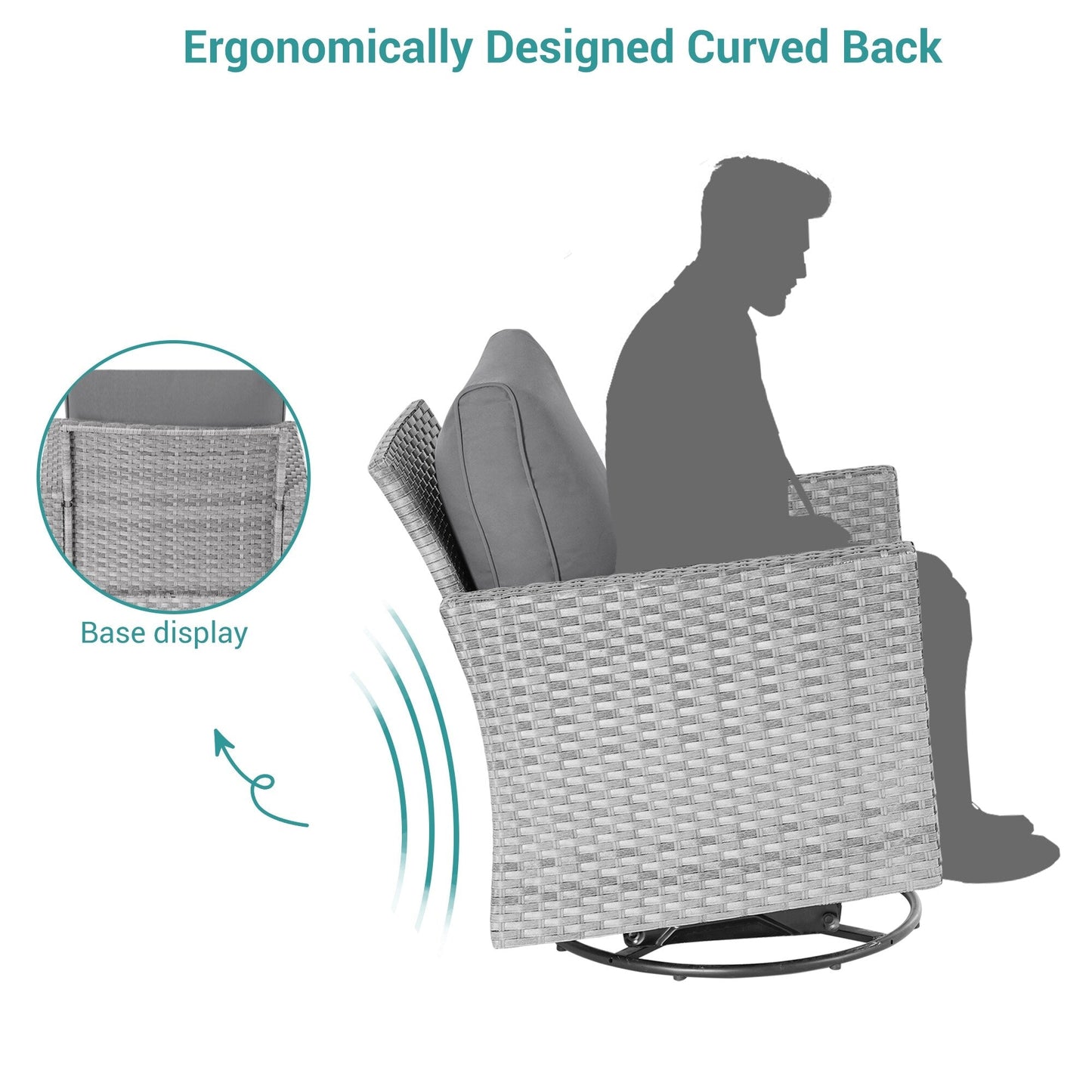 BONOSUKI Set di divani a dondolo girevoli da giardino da 6 pezzi in rattan grigio con tavolino laterale