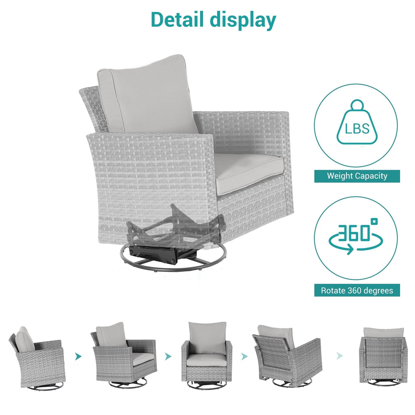 BONOSUKI Set di divani a dondolo girevoli da giardino da 6 pezzi in rattan grigio con tavolino laterale